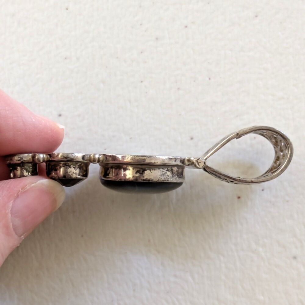 Vintage Sterling Silver 925 Large Pendant Stone Onyx Pearl Triple Drop Statement - Picture 8 of 12